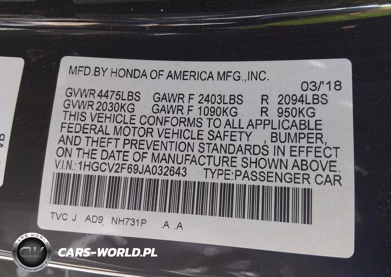 2018 Honda Accord Ex-L 2.0T VIN:1HGCV2F69JA032643 - 9