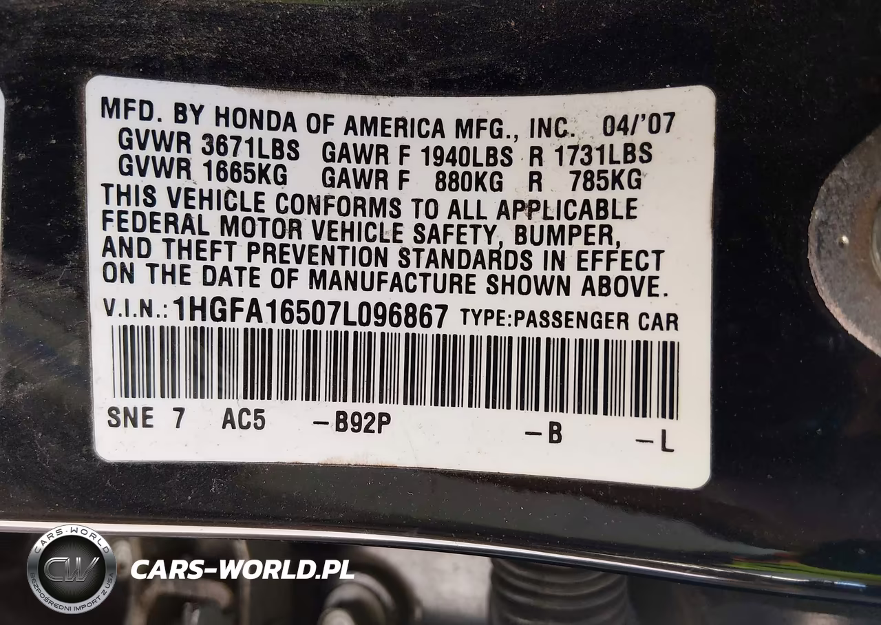 2007 Honda Civic Lx VIN:1HGFA16507L096867 - 9