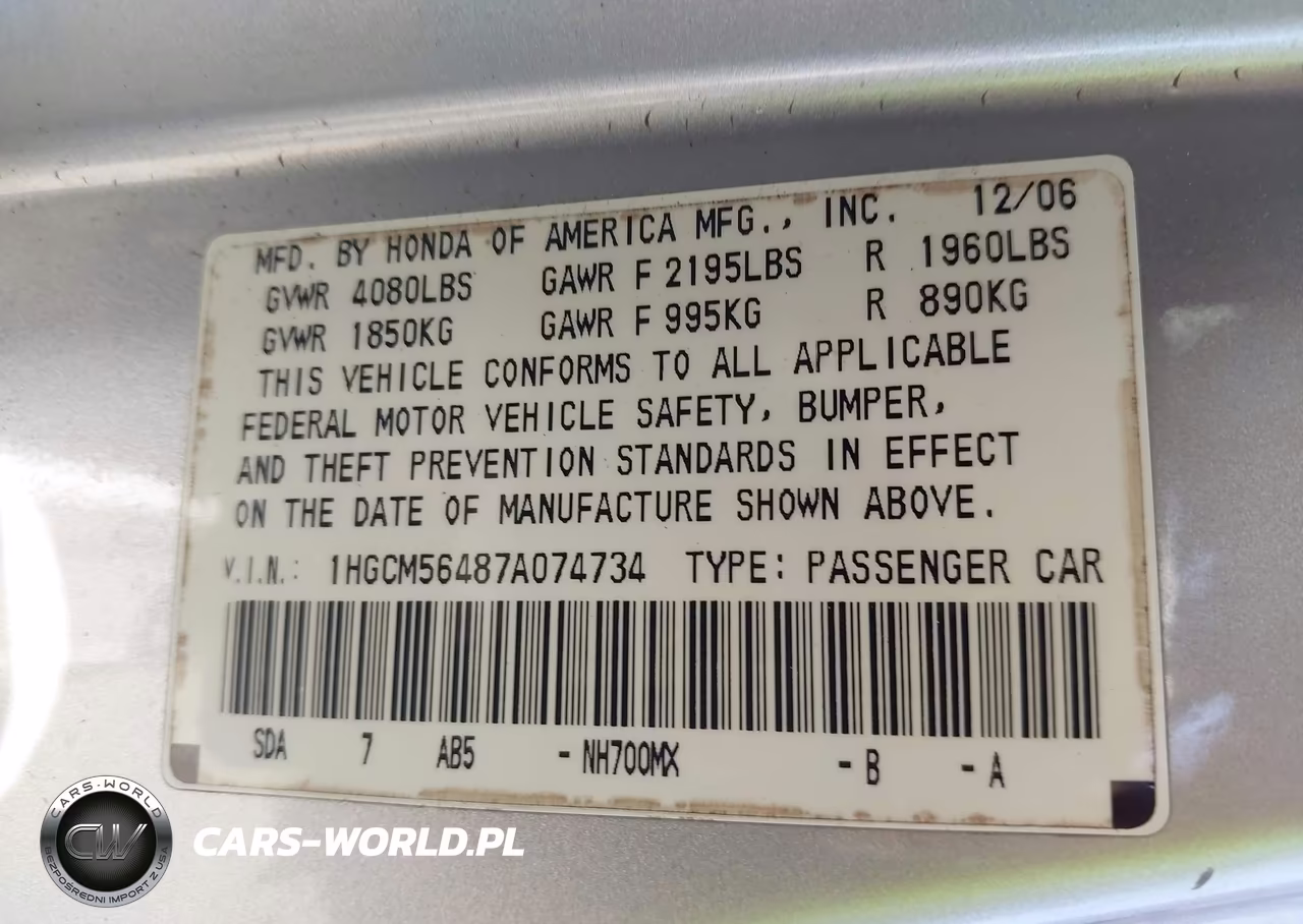 2007 Honda Accord 2.4 Lx VIN:1HGCM56487A074734 - 9