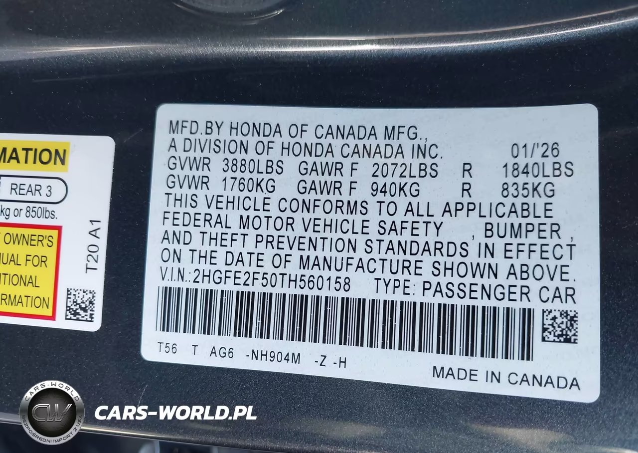 2026 Honda Civic Sport VIN:2HGFE2F50TH560158 - 9