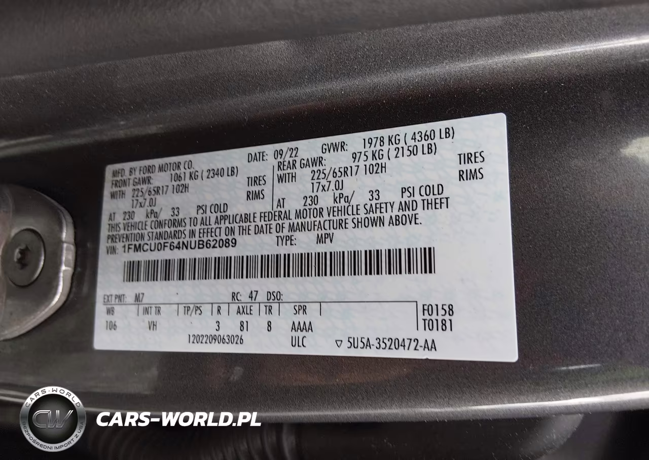 2022 Ford Escape S VIN:1FMCU0F64NUB62089 - 9