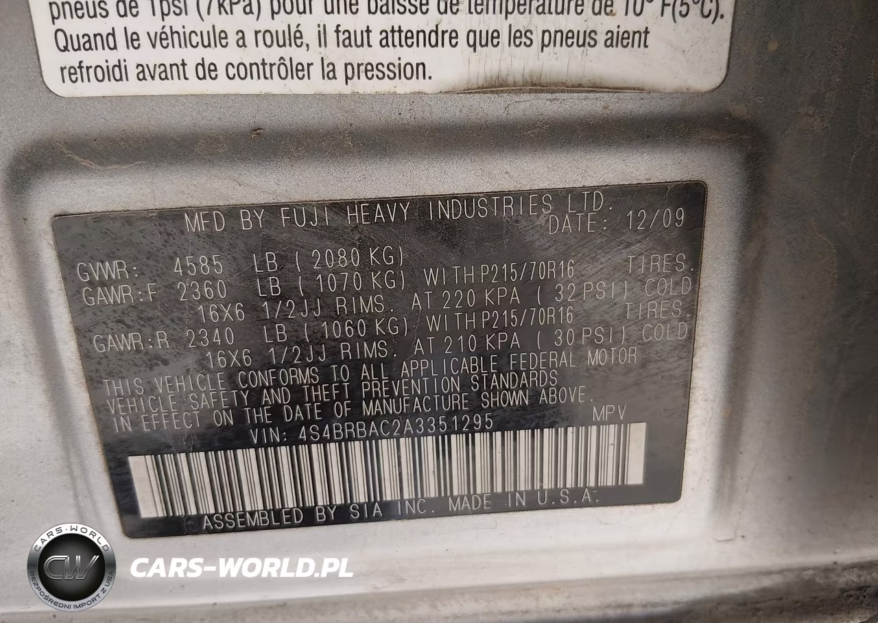 2010 Subaru Outback 2.5I VIN:4S4BRBAC2A3351295 - 9