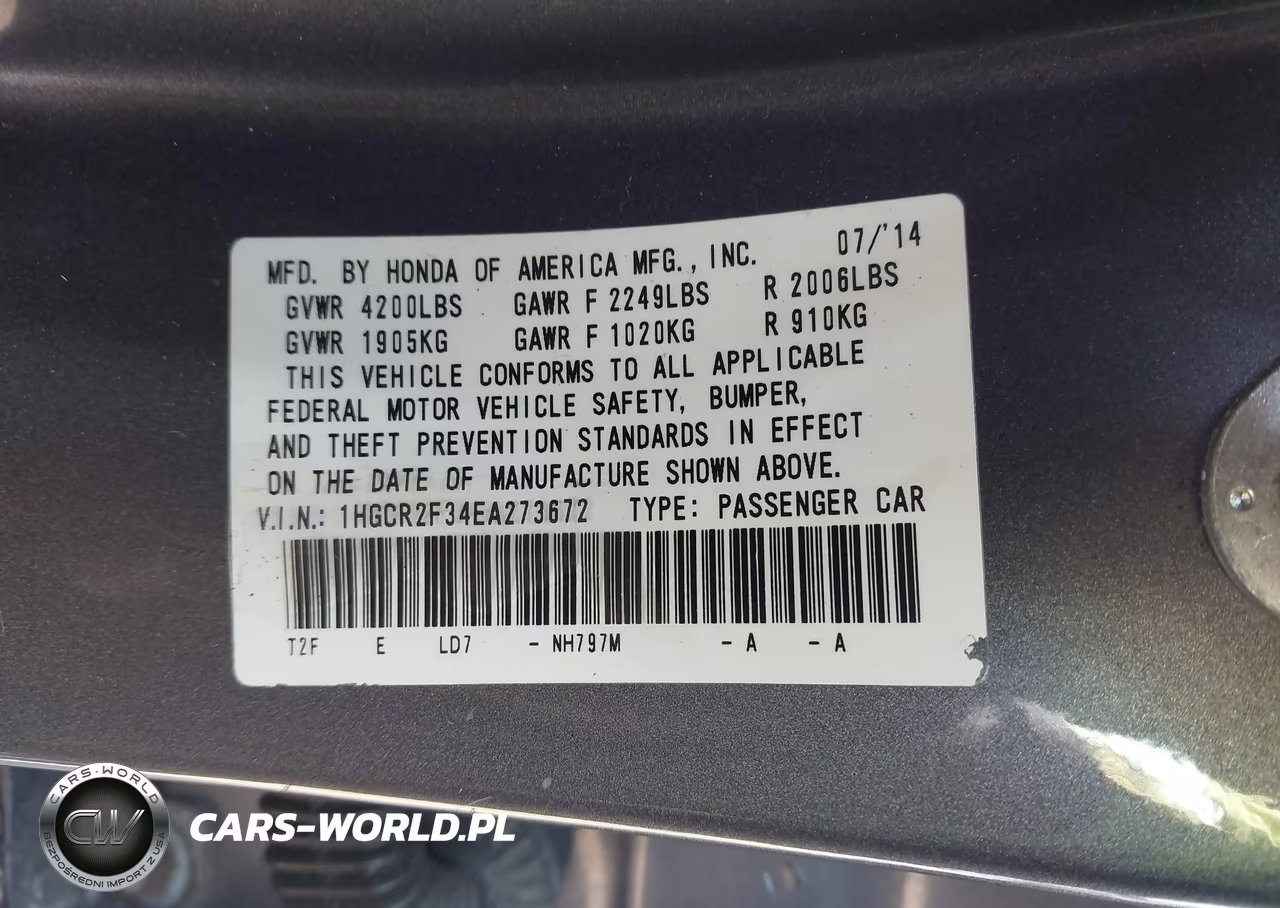 2014 Honda Accord Lx VIN:1HGCR2F34EA273672 - 9