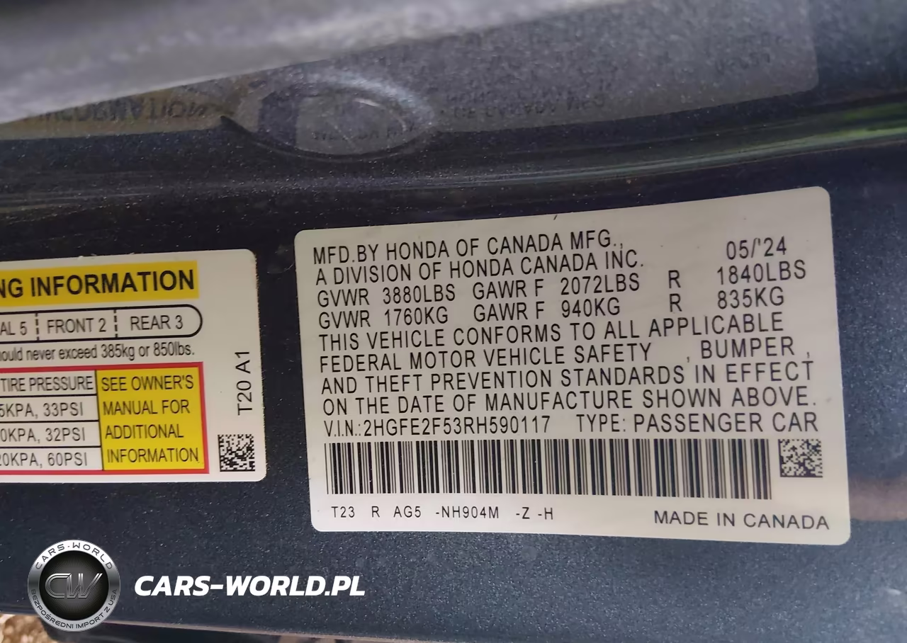 2024 Honda Civic Sport VIN:2HGFE2F53RH590117 - 9