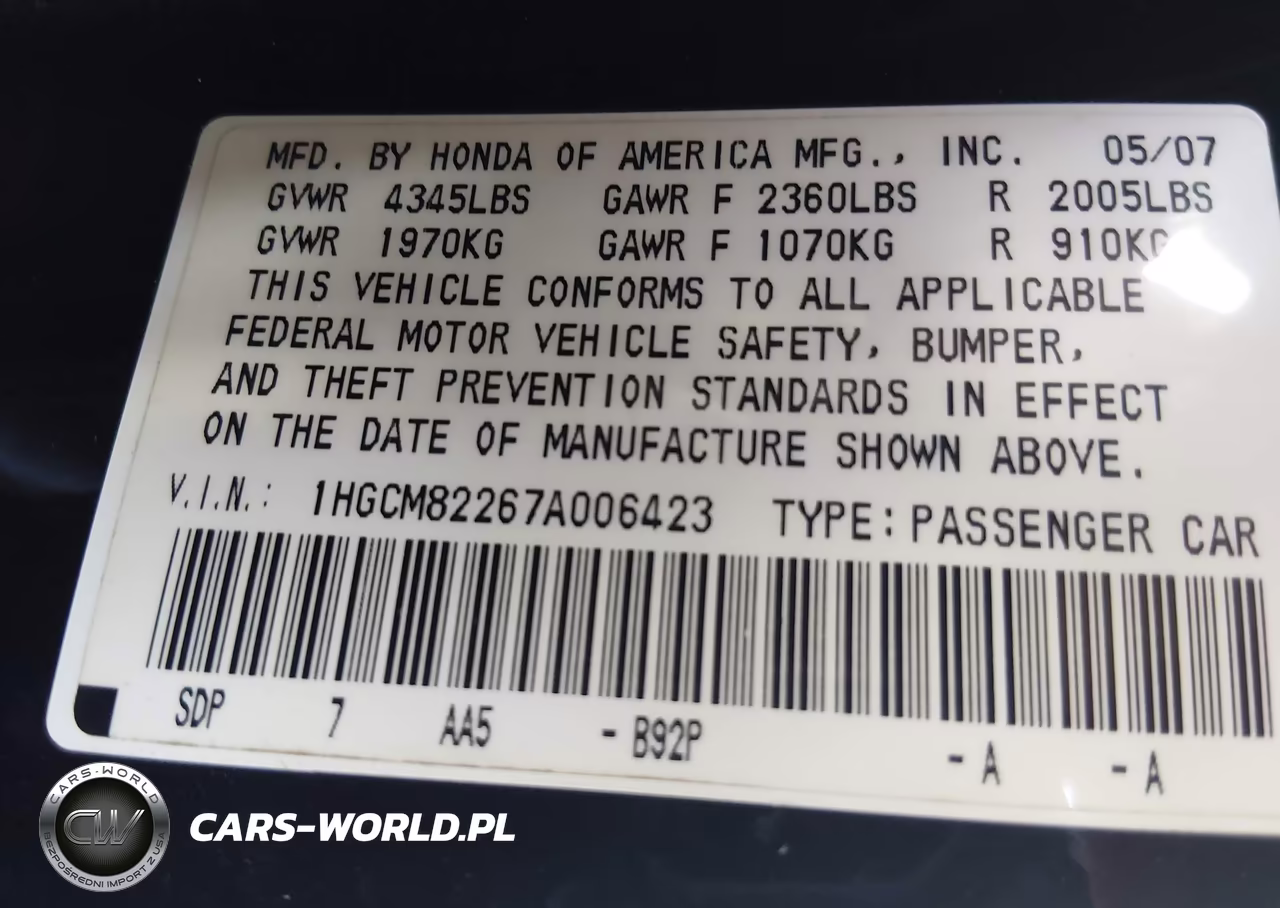 2007 Honda Accord 3.0 Lx VIN:1HGCM82267A006423 - 9