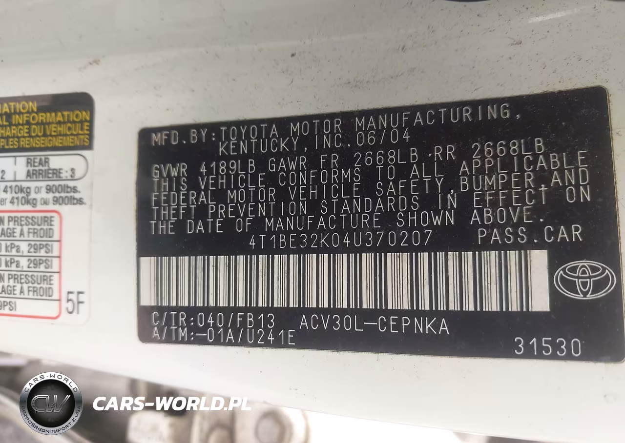 2004 Toyota Camry Le VIN:4T1BE32K04U370207 - 9