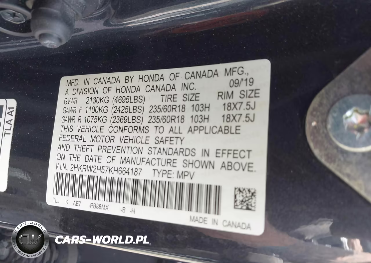 2019 Honda Cr-V Ex VIN:2HKRW2H57KH664187 - 9