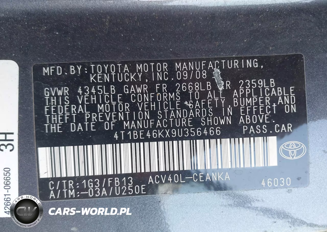 2009 Toyota Camry Le VIN:4T1BE46KX9U356466 - 9