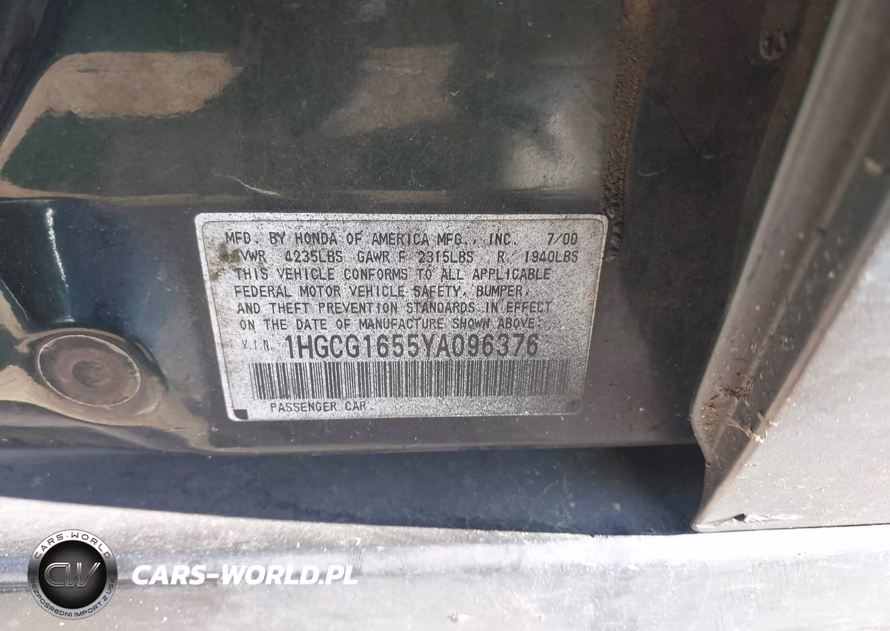 2000 Honda Accord 3.0 Ex VIN:1HGCG1655YA096376 - 9