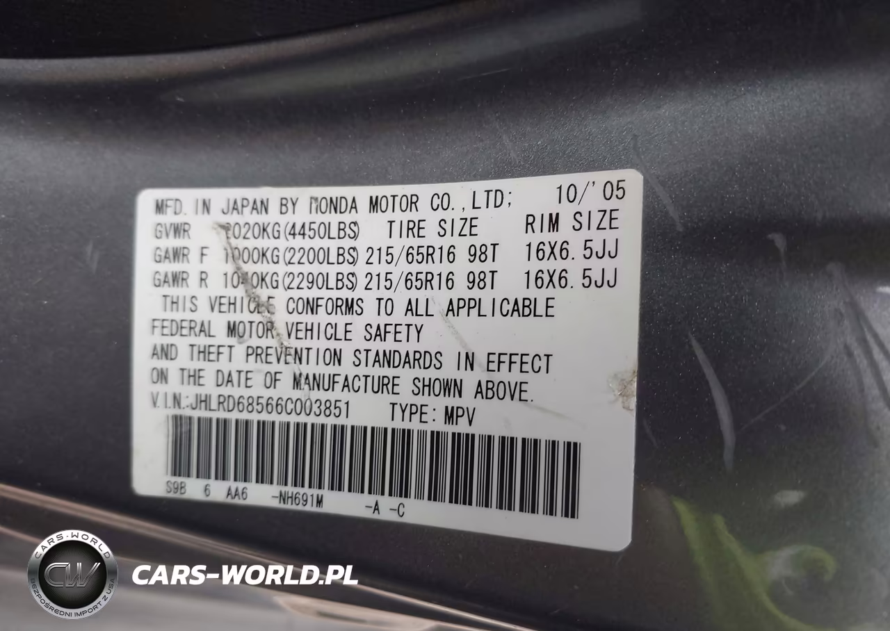2006 Honda Cr-V Lx VIN:JHLRD68566C003851 - 9