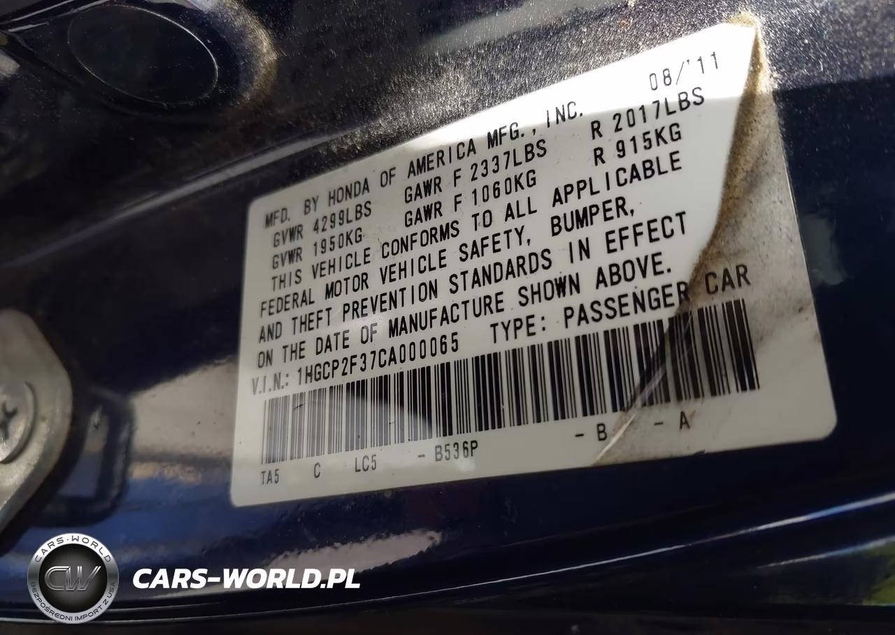 2012 Honda Accord 2.4 Lx VIN:1HGCP2F37CA000065 - 9