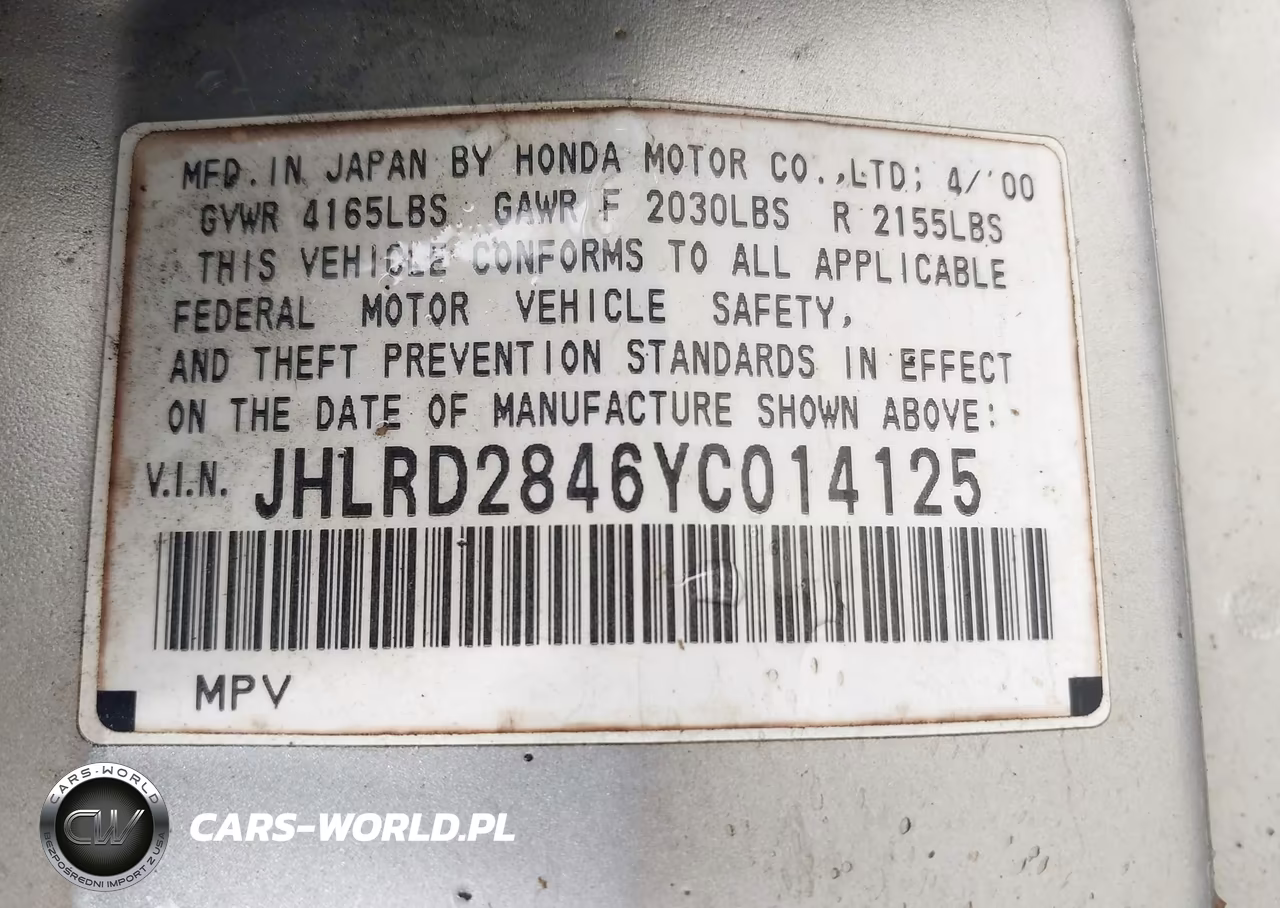 2000 Honda Cr-V Lx VIN:JHLRD2846YC014125 - 9