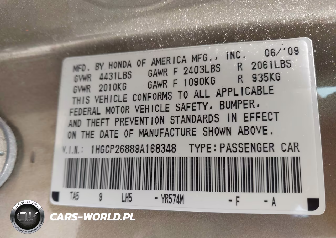 2009 Honda Accord 2.4 Ex-L VIN:1HGCP26889A168348 - 9