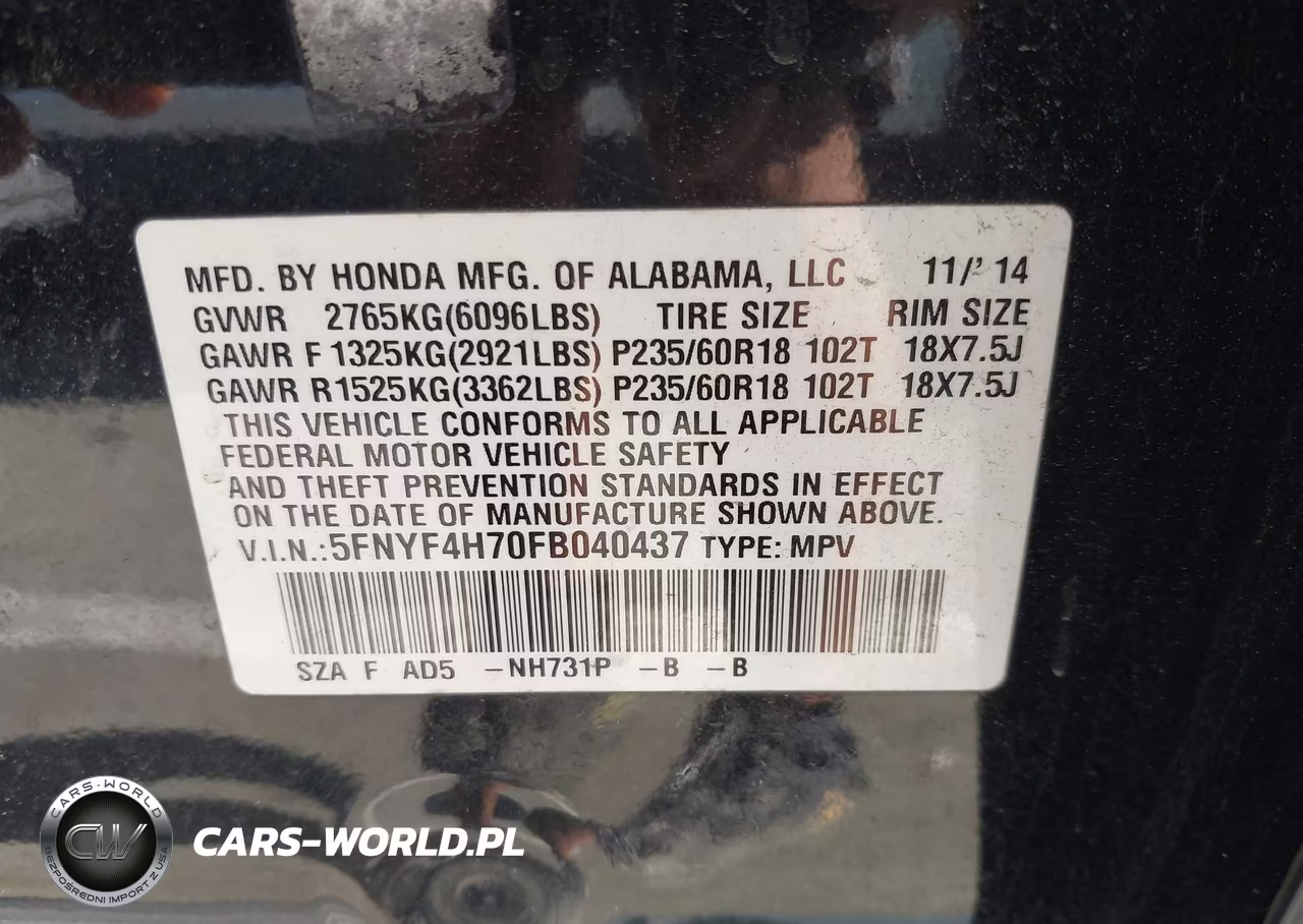 2015 Honda Pilot Ex-L VIN:5FNYF4H70FB040437 - 9