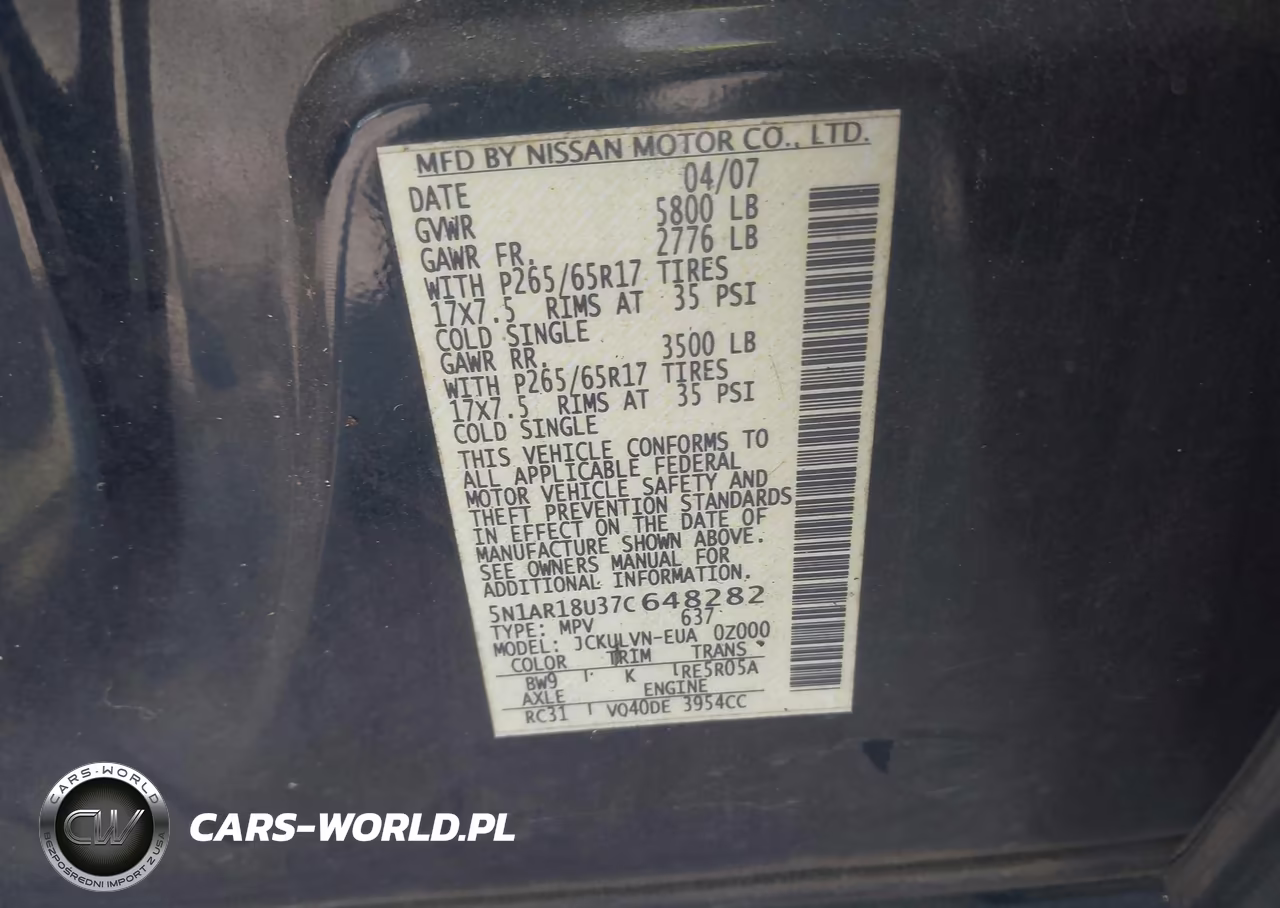 2007 Nissan Pathfinder Le VIN:5N1AR18U37C648282 - 9