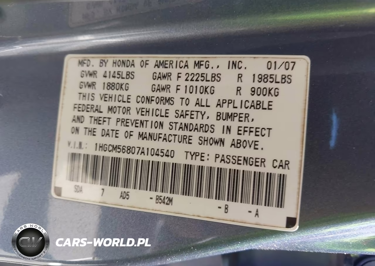 2007 Honda Accord 2.4 Ex VIN:1HGCM56807A104540 - 9