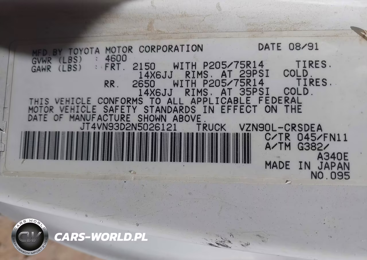 1992 Toyota Pickup 1-2 Ton Ex Lng Whlbse Dlx VIN:JT4VN93D2N5026121 - 9
