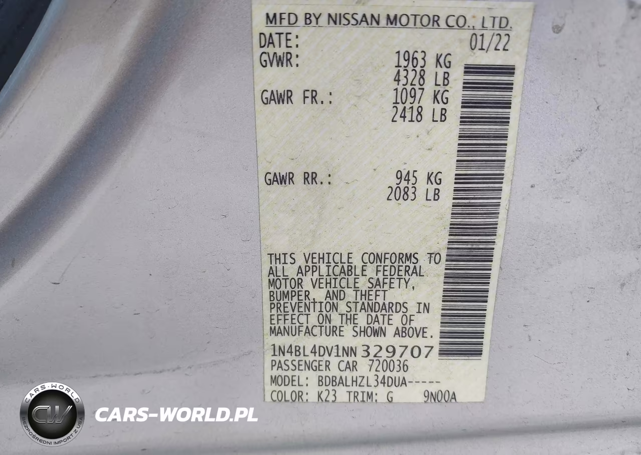 2022 Nissan Altima Sv Fwd VIN:1N4BL4DV1NN329707 - 9