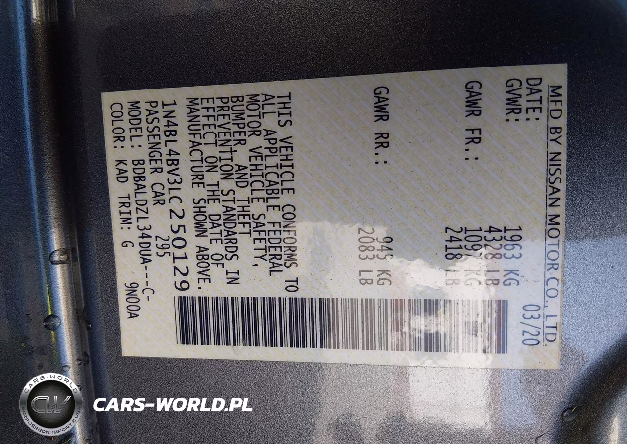 2020 Nissan Altima S Fwd VIN:1N4BL4BV3LC250129 - 9