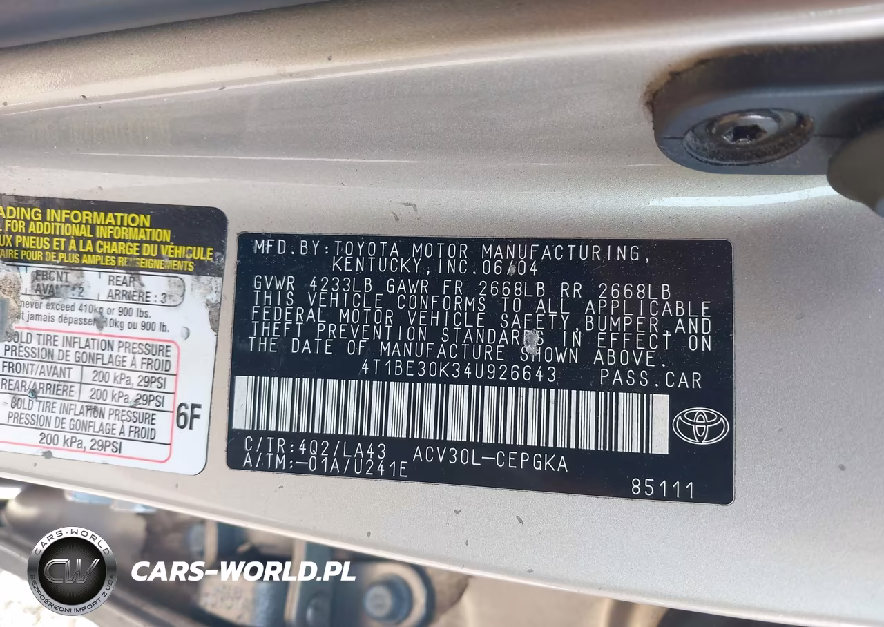 2004 Toyota Camry Xle VIN:4T1BE30K34U926643 - 9