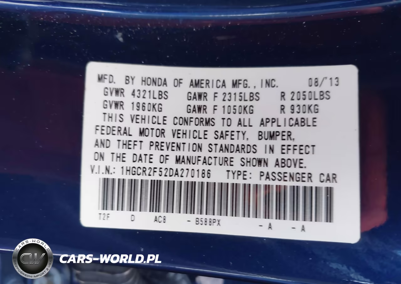2013 Honda Accord Sport VIN:1HGCR2F52DA270186 - 9