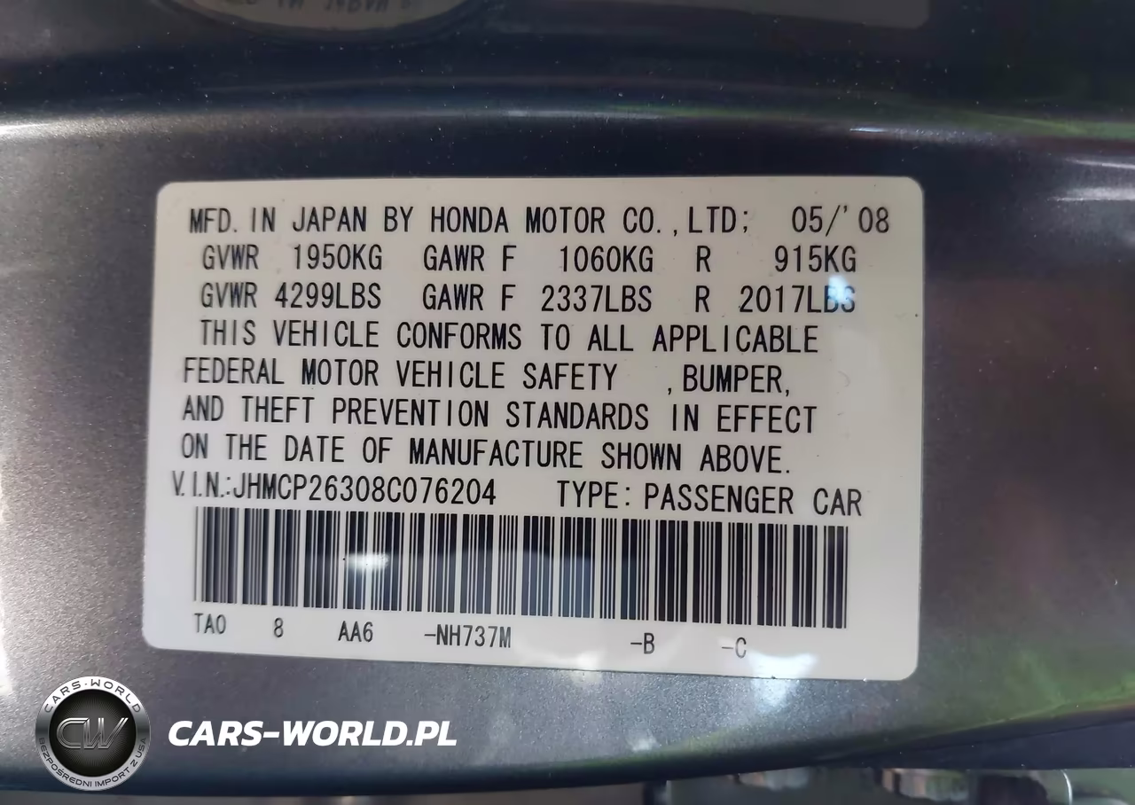2008 Honda Accord 2.4 Lx VIN:JHMCP26308C076204 - 9