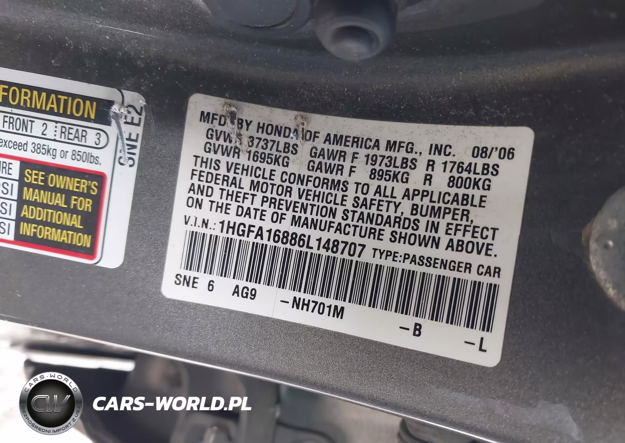 2006 Honda Civic Ex VIN:1HGFA16886L148707 - 9