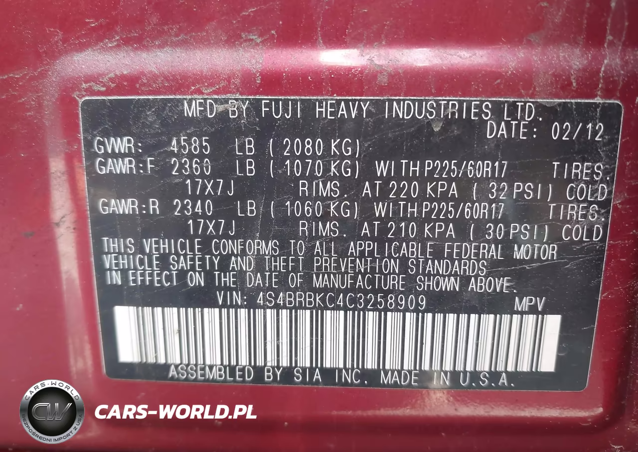 2012 Subaru Outback 2.5I Limited VIN:4S4BRBKC4C3258909 - 9