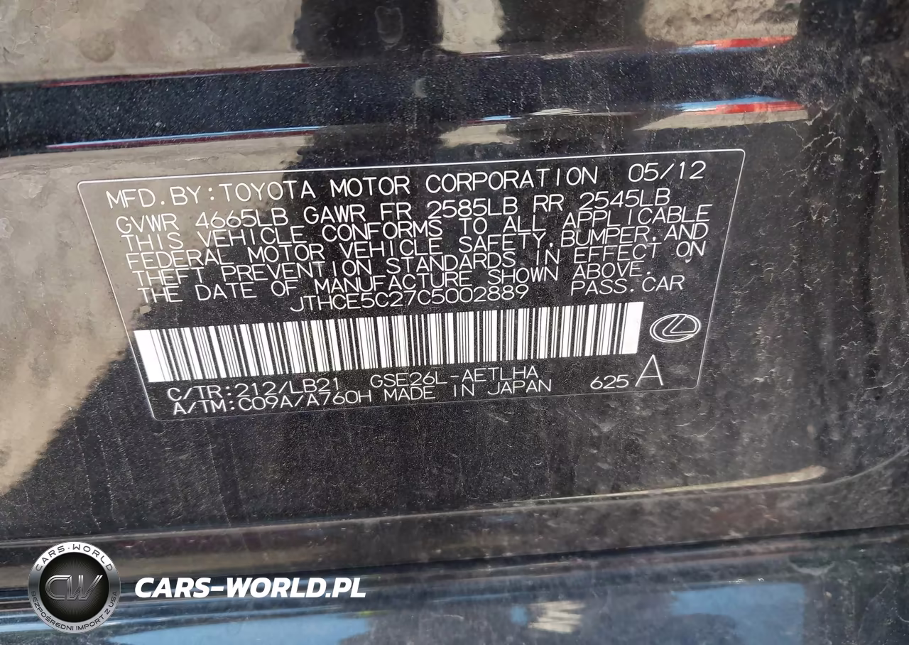 2012 Lexus Is 350 VIN:JTHCE5C27C5002889 - 9
