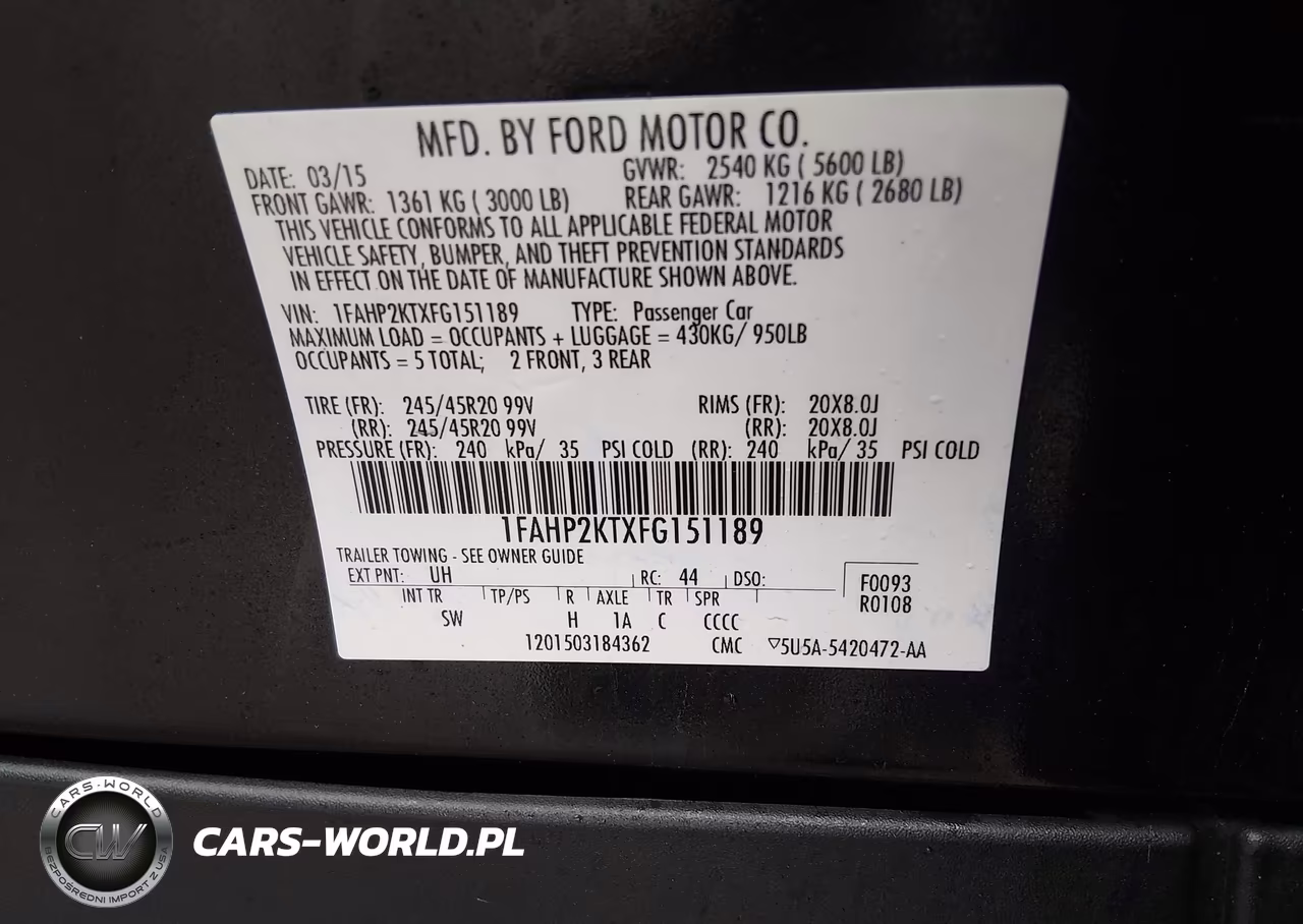 2015 Ford Taurus Sho VIN:1FAHP2KTXFG151189 - 9