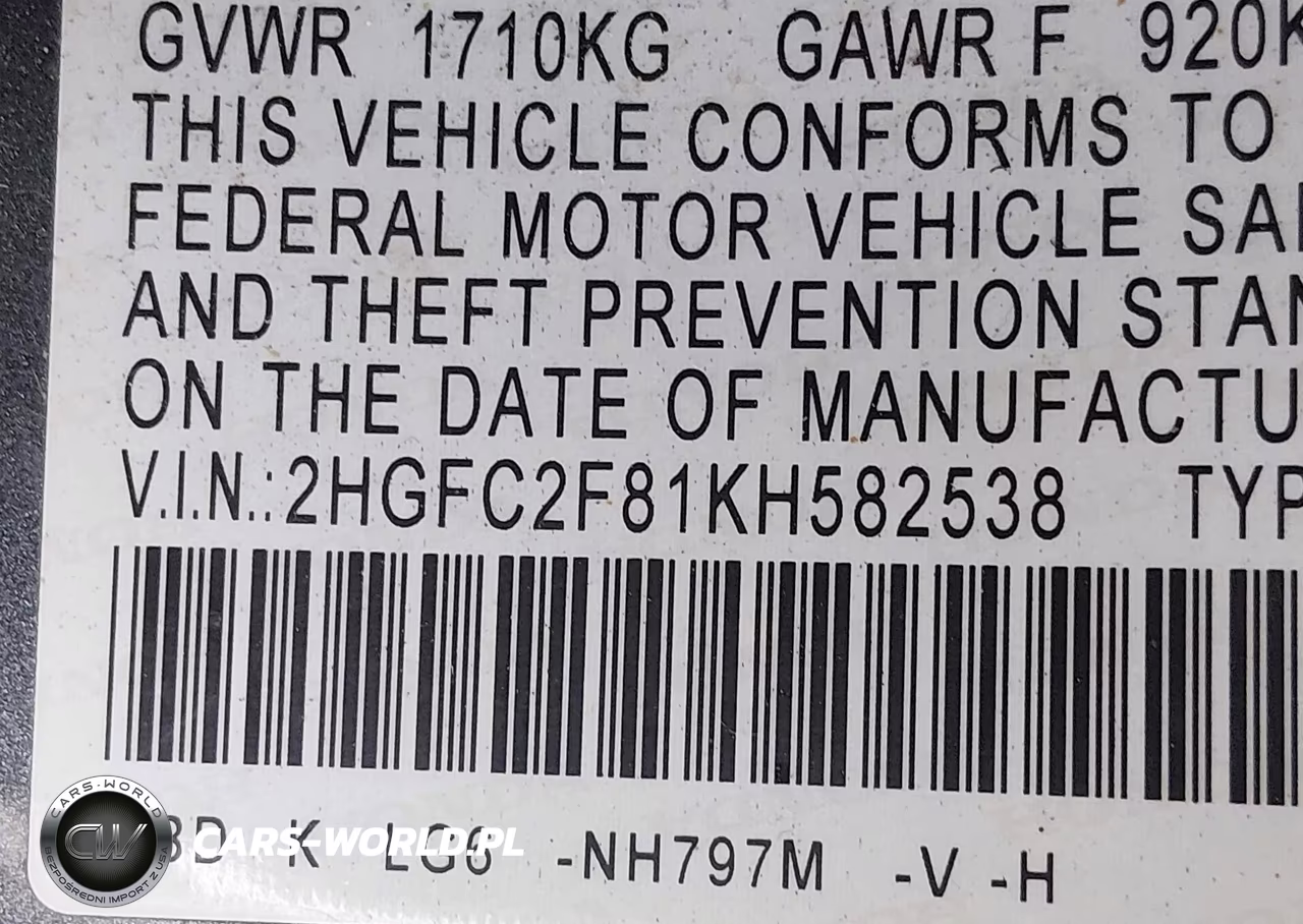 2019 Honda Civic Sport VIN:2HGFC2F81KH582538 - 9
