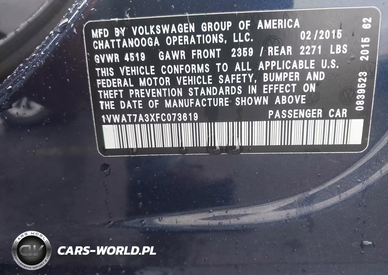 2015 Volkswagen Passat 1.8T Wolfsburg Edition VIN:1VWAT7A3XFC073619 - 9