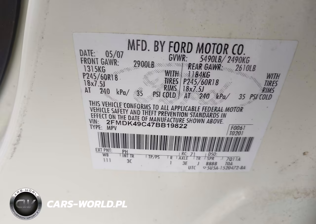 2007 Ford Edge Sel Plus VIN:2FMDK49C47BB19822 - 9