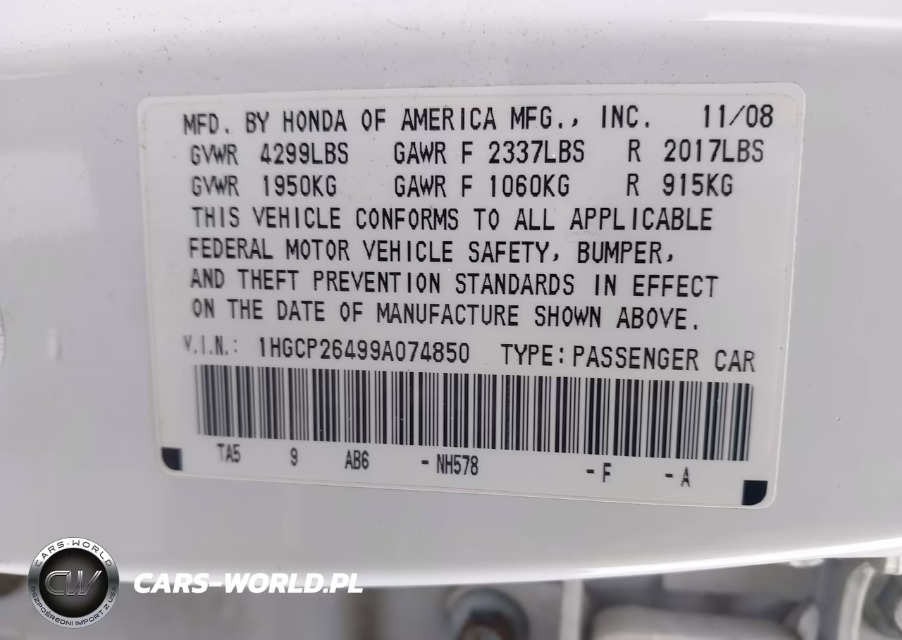2009 Honda Accord 2.4 Lx-P VIN:1HGCP26499A074850 - 9