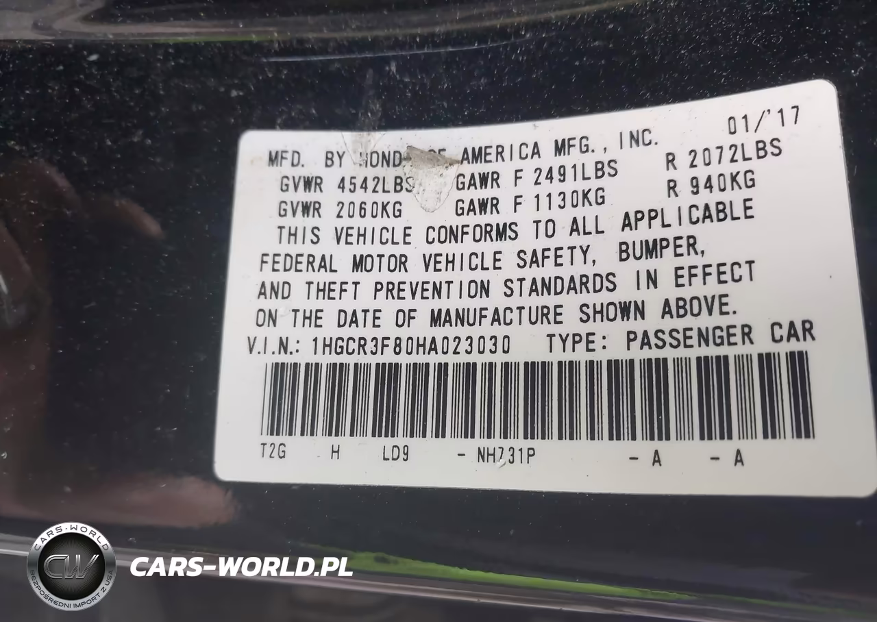 2017 Honda Accord Ex-L V6 VIN:1HGCR3F80HA023030 - 9