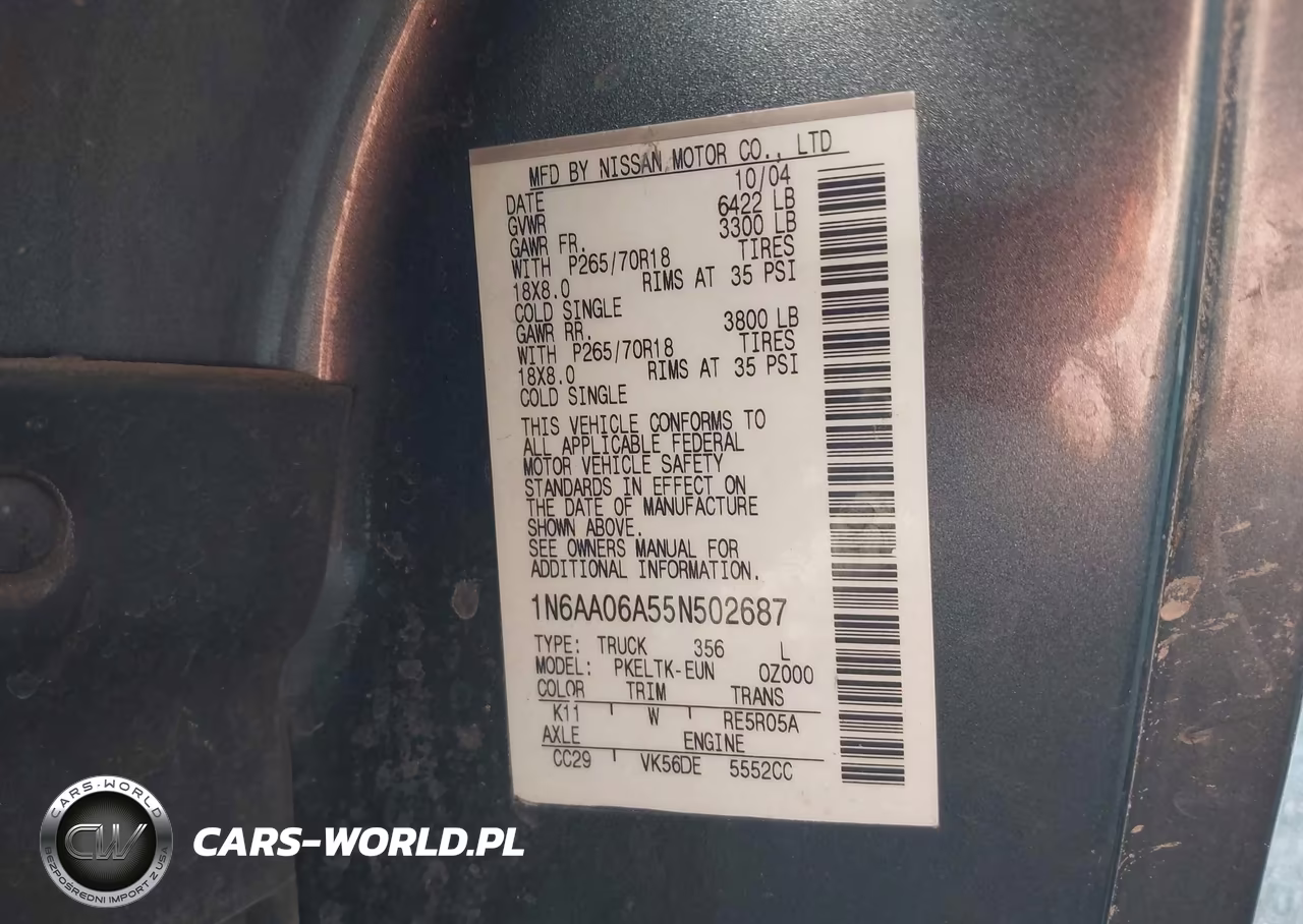 2005 Nissan Titan Se VIN:1N6AA06A55N502687 - 9