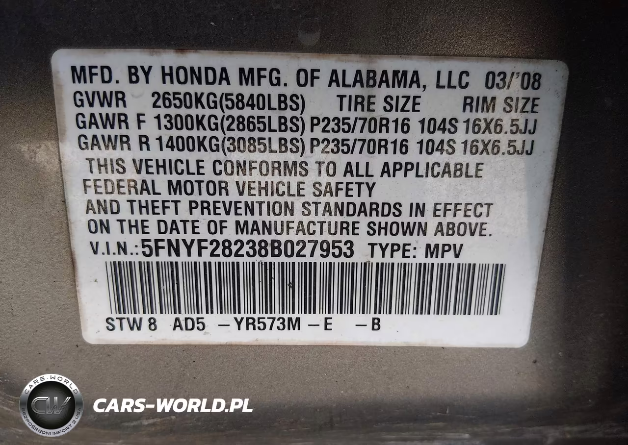 2008 Honda Pilot Vp VIN:5FNYF28238B027953 - 9