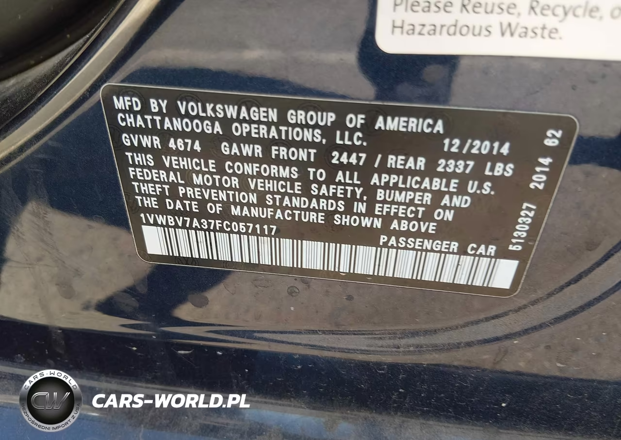 2015 Volkswagen Passat 2.0L Tdi Se VIN:1VWBV7A37FC057117 - 9