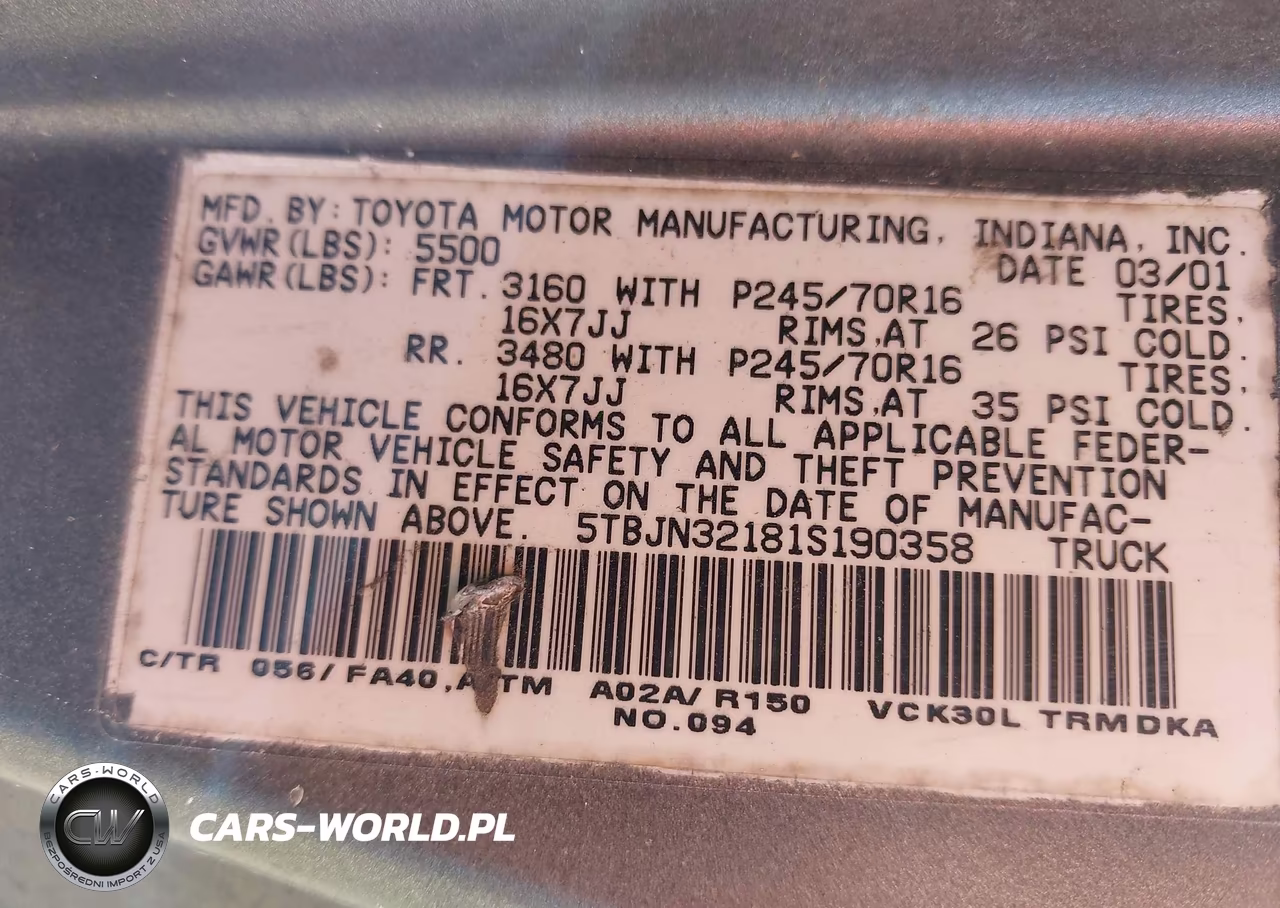 2001 Toyota Tundra VIN:5TBJN32181S190358 - 9