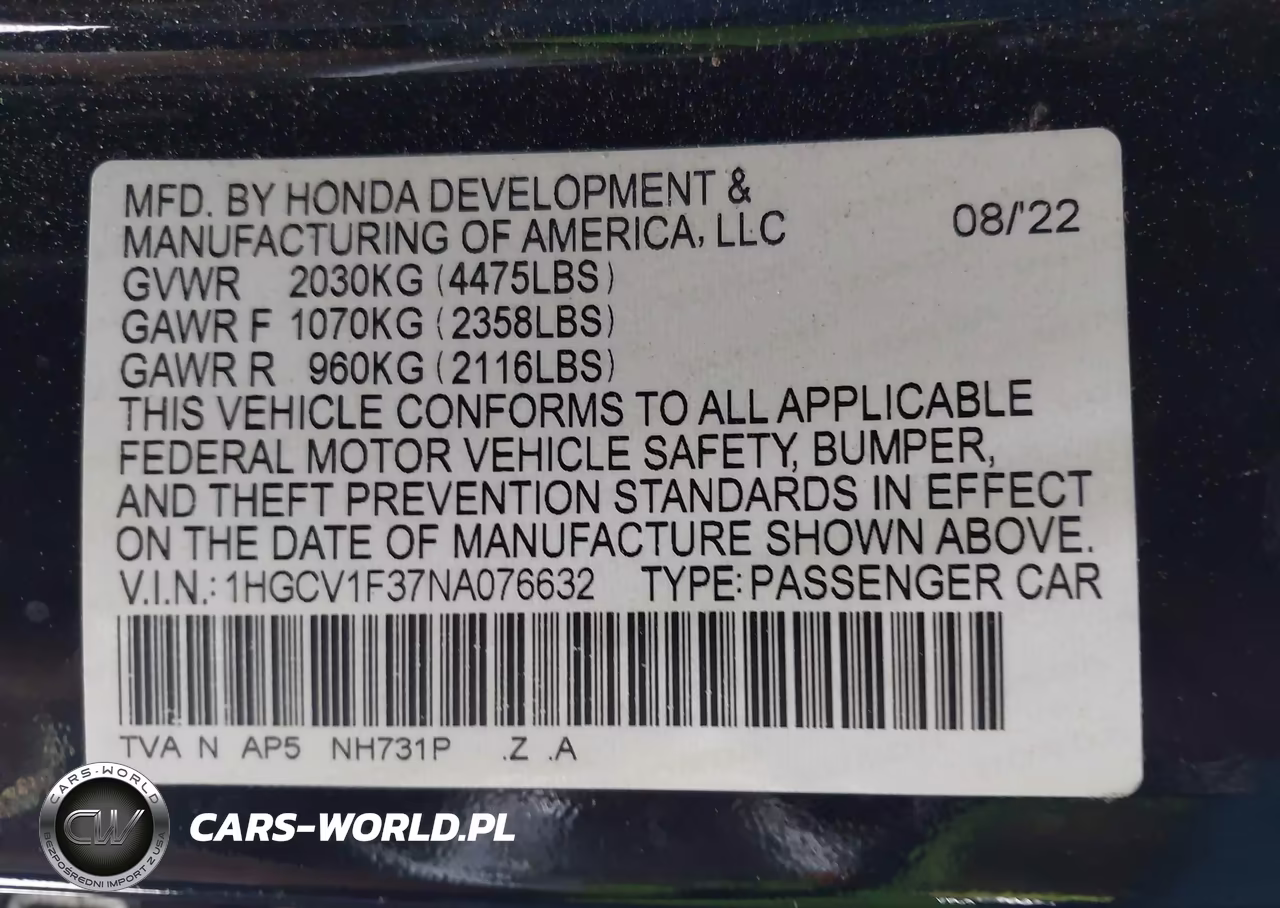 2022 Honda Accord Sport VIN:1HGCV1F37NA076632 - 9