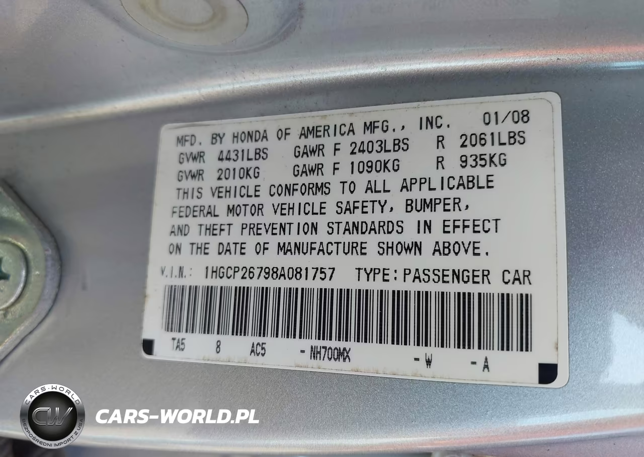 2008 Honda Accord 2.4 Ex VIN:1HGCP26798A081757 - 9