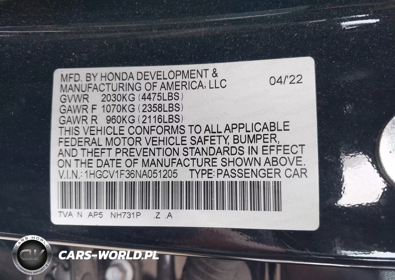 2022 Honda Accord Sport VIN:1HGCV1F36NA051205 - 9
