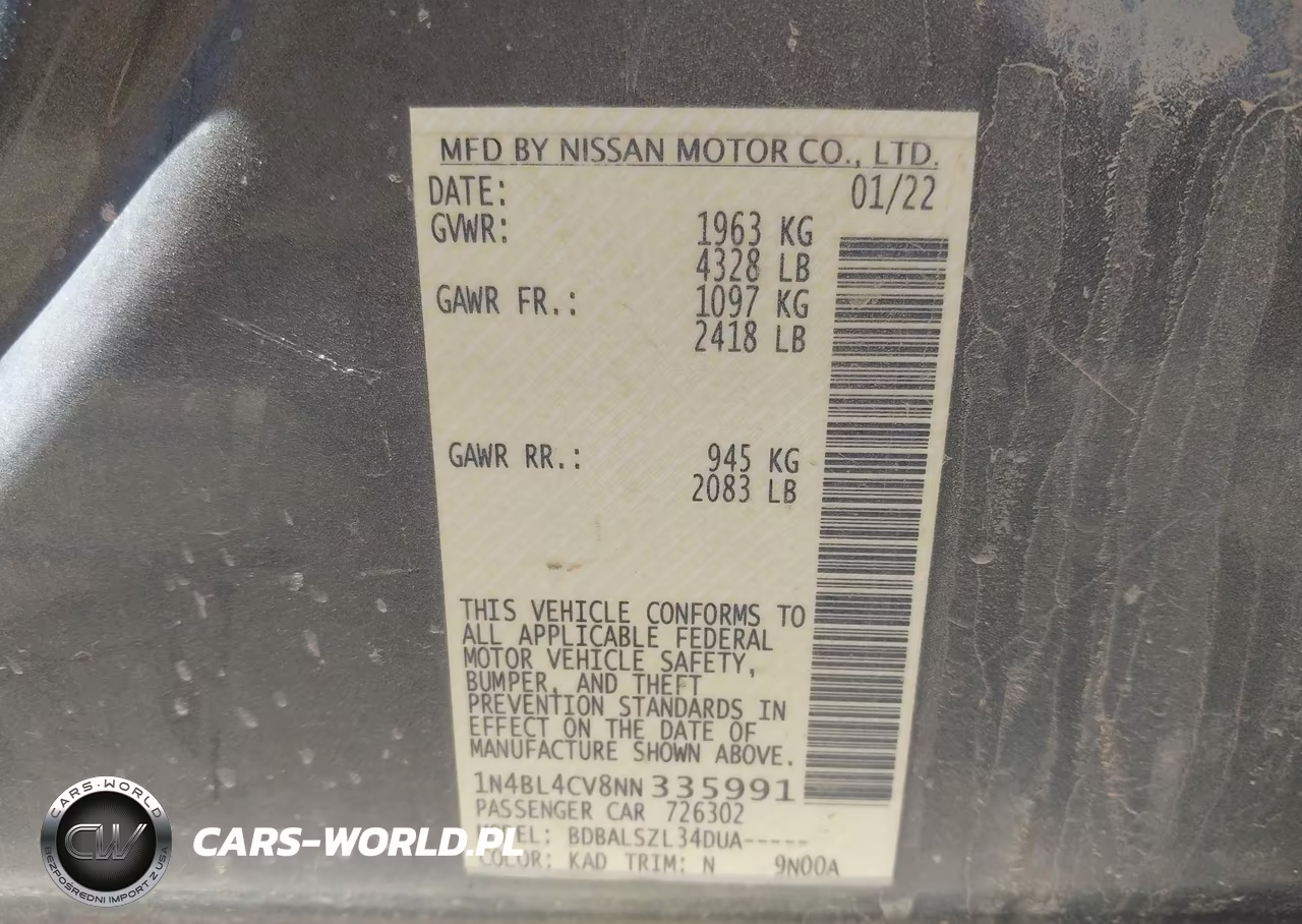 2022 Nissan Altima Sr Fwd VIN:1N4BL4CV8NN335991 - 9