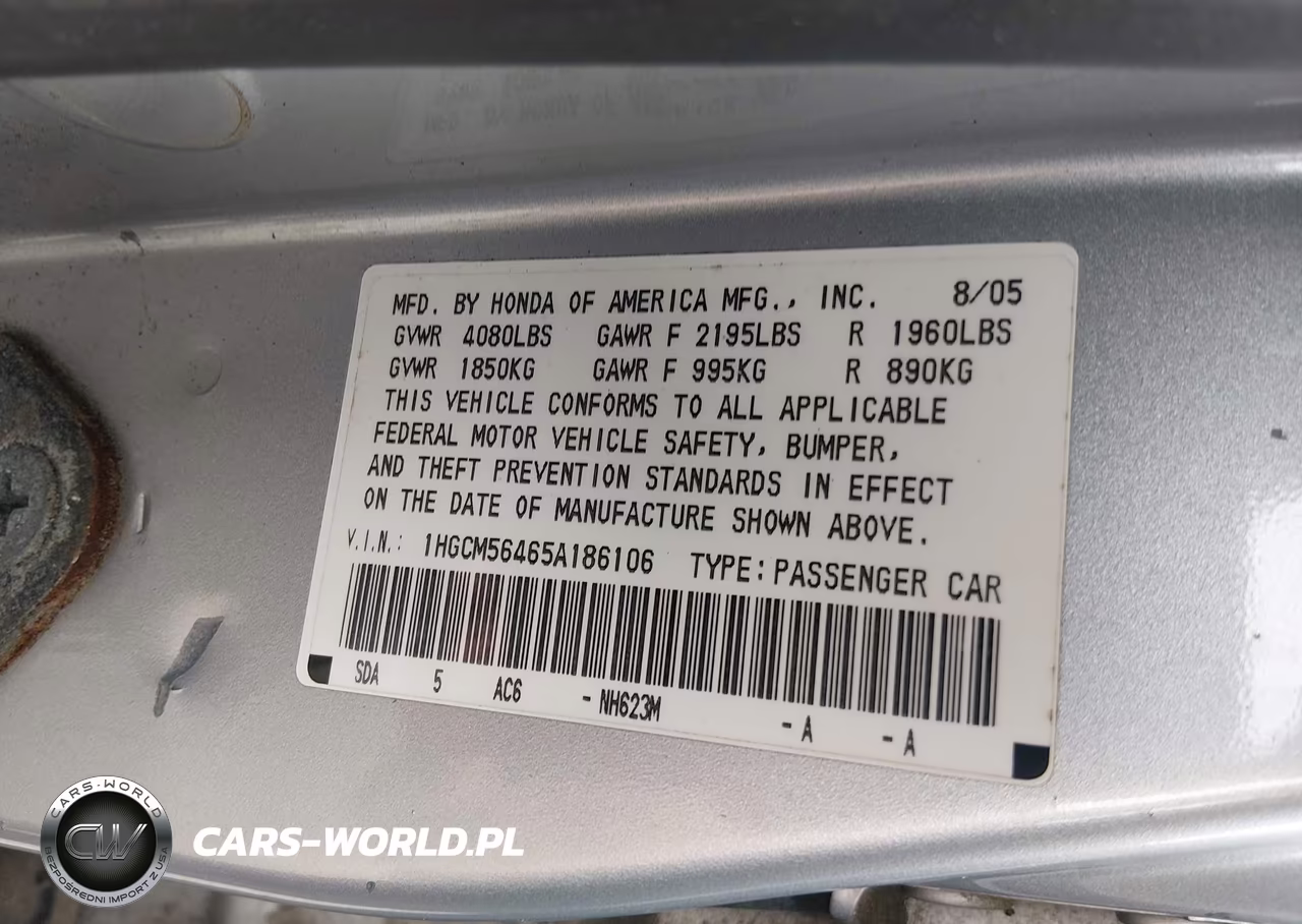 2005 Honda Accord 2.4 Lx VIN:1HGCM56465A186106 - 9