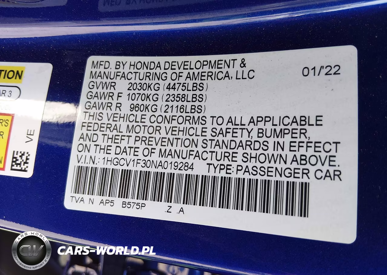 2022 Honda Accord Sport VIN:1HGCV1F30NA019284 - 9