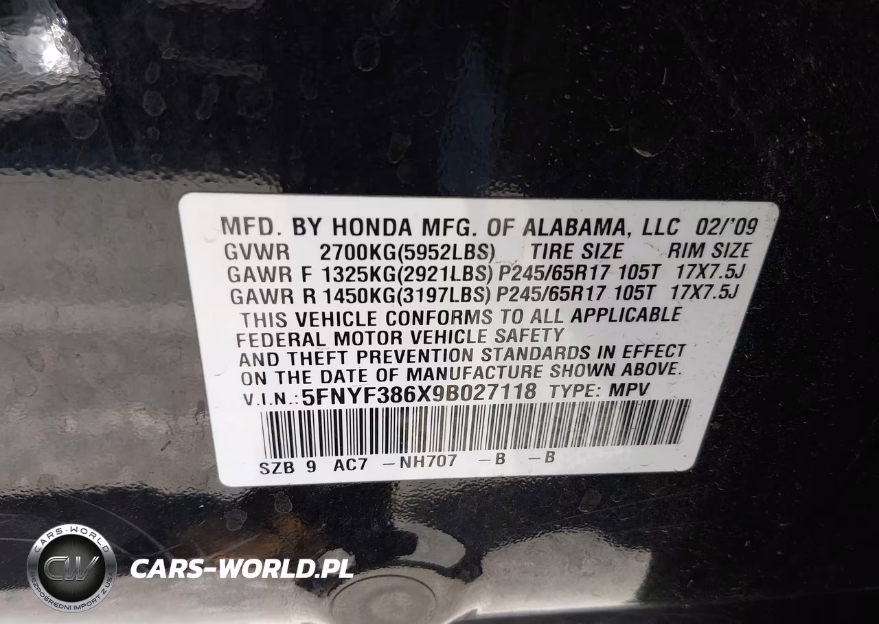 2009 Honda Pilot Ex-L VIN:5FNYF386X9B027118 - 9