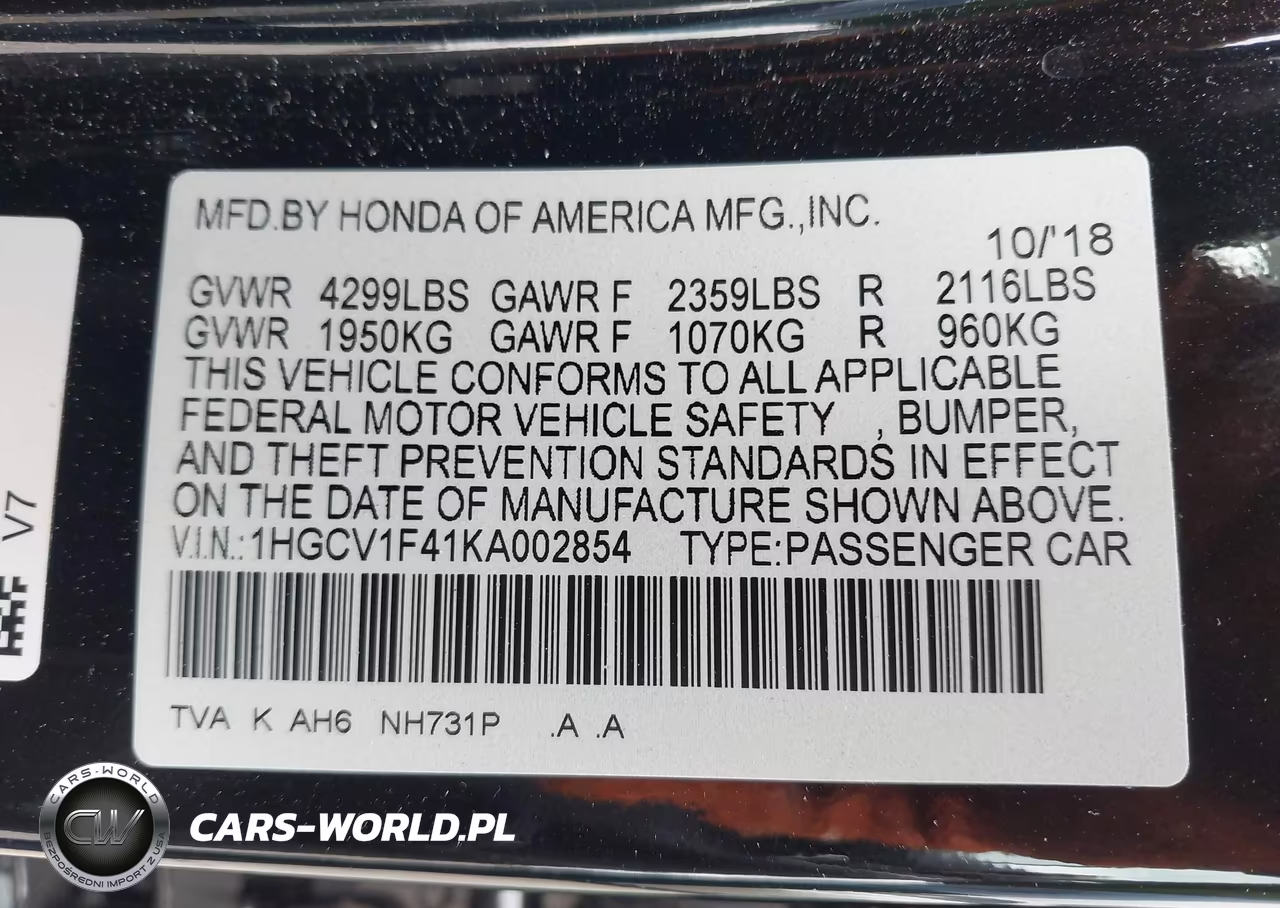2019 Honda Accord Ex VIN:1HGCV1F41KA002854 - 9