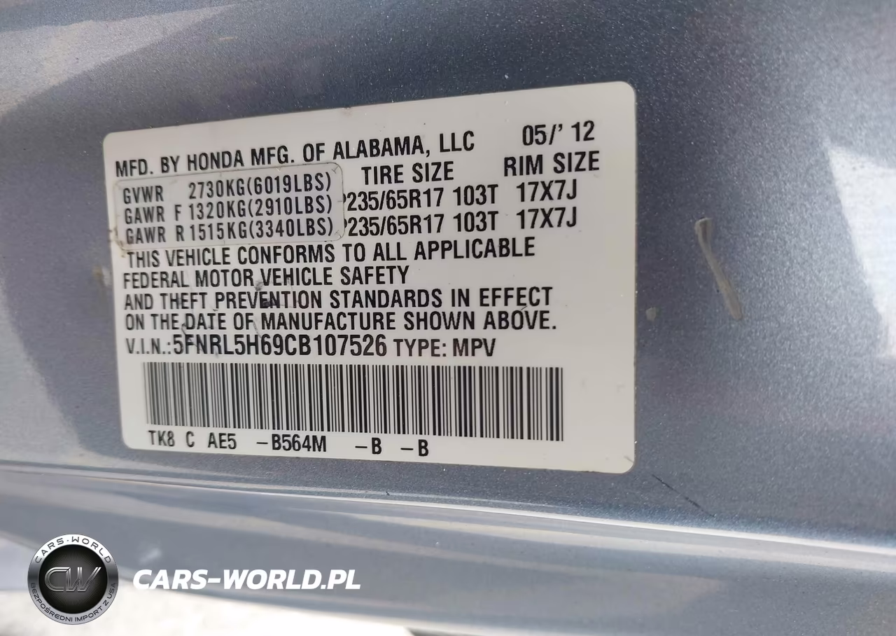 2012 Honda Odyssey Ex-L VIN:5FNRL5H69CB107526 - 9