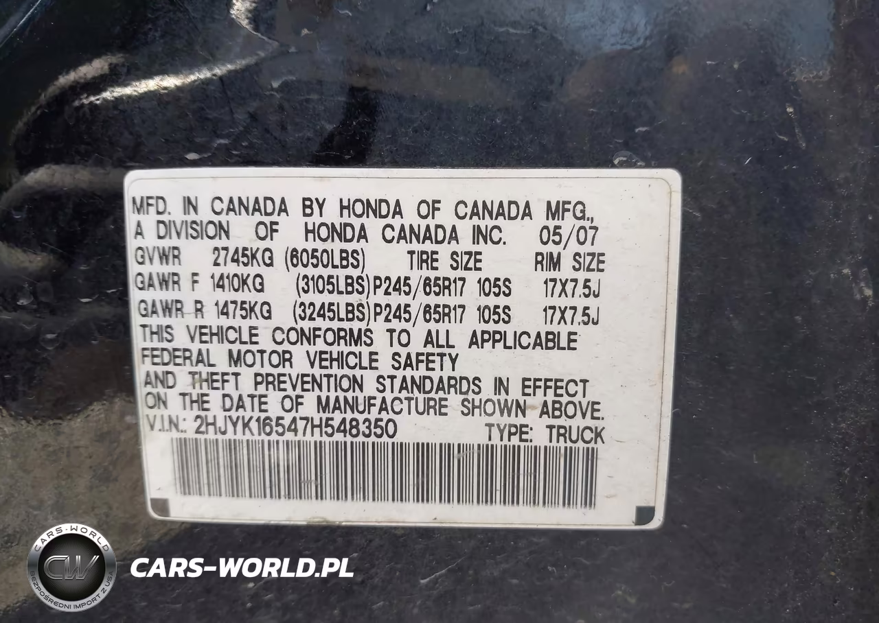 2007 Honda Ridgeline Rtl VIN:2HJYK16547H548350 - 9