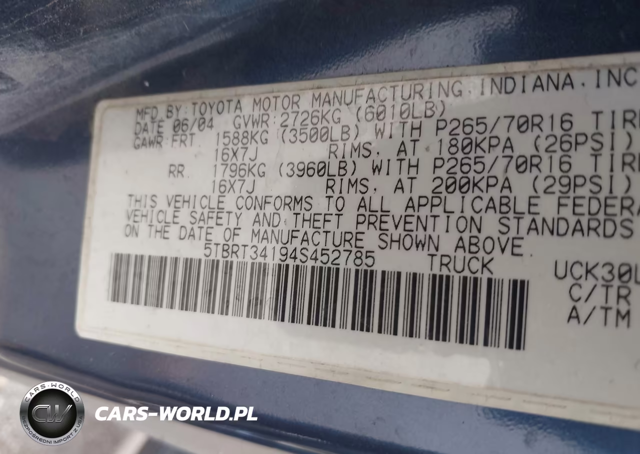 2004 Toyota Tundra Sr5 V8 VIN:5TBRT34194S452785 - 9